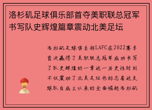 洛杉矶足球俱乐部首夺美职联总冠军书写队史辉煌篇章震动北美足坛 洛杉矶足球俱乐部首夺美职联总冠军书写队史辉煌篇章震动北美足坛